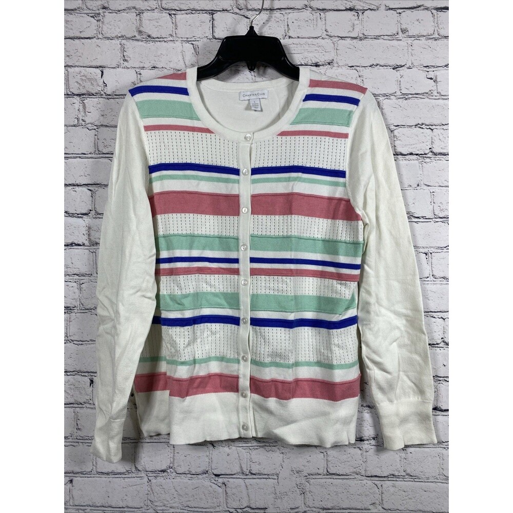 Charter Club Women Cardigan Sweater Striped Button Front Pointelle White Size L